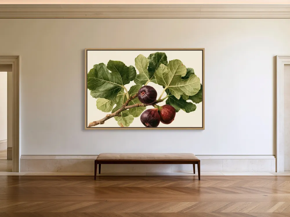 A watercolour fig botanical as a natural oak floating-frame canvas in the Limestone manor gallery hall