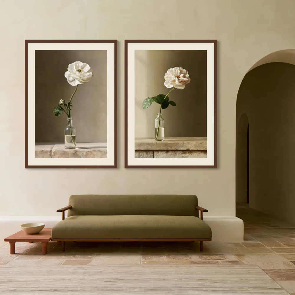 A matched set of original artworks as a a pair of walnut framed prints with mats in the Mediterranean olive salon
