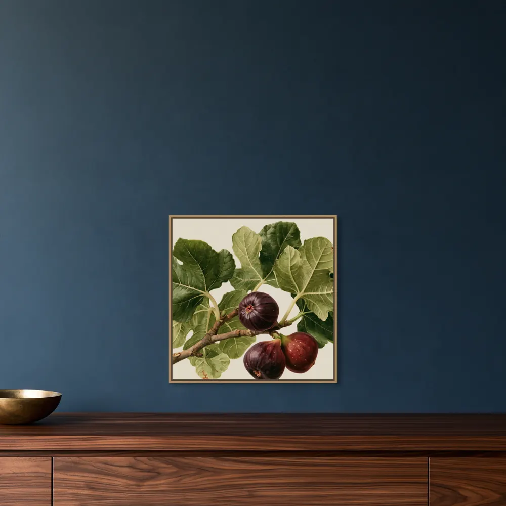 A watercolour fig botanical as a natural oak floating-frame canvas in the Midnight navy feature wall