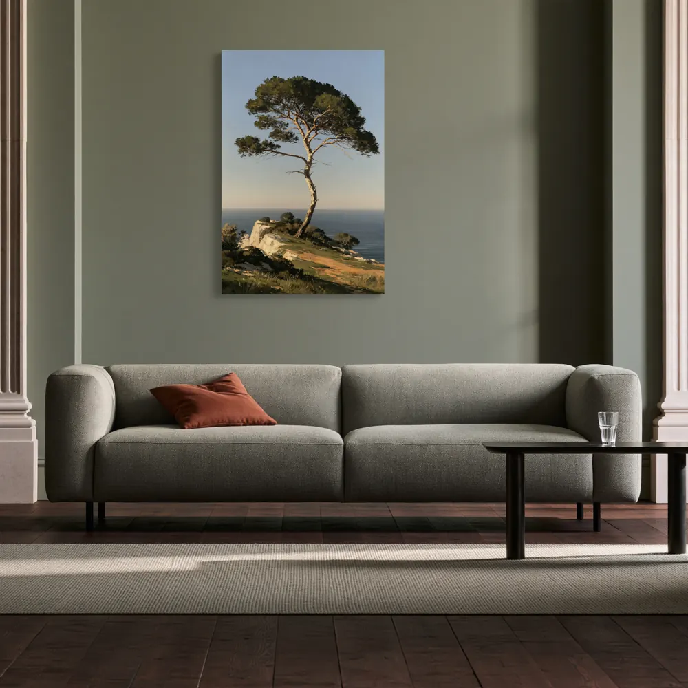 An umbrella pine oil painting as a stretched canvas in the Mineral-green apartment lounge