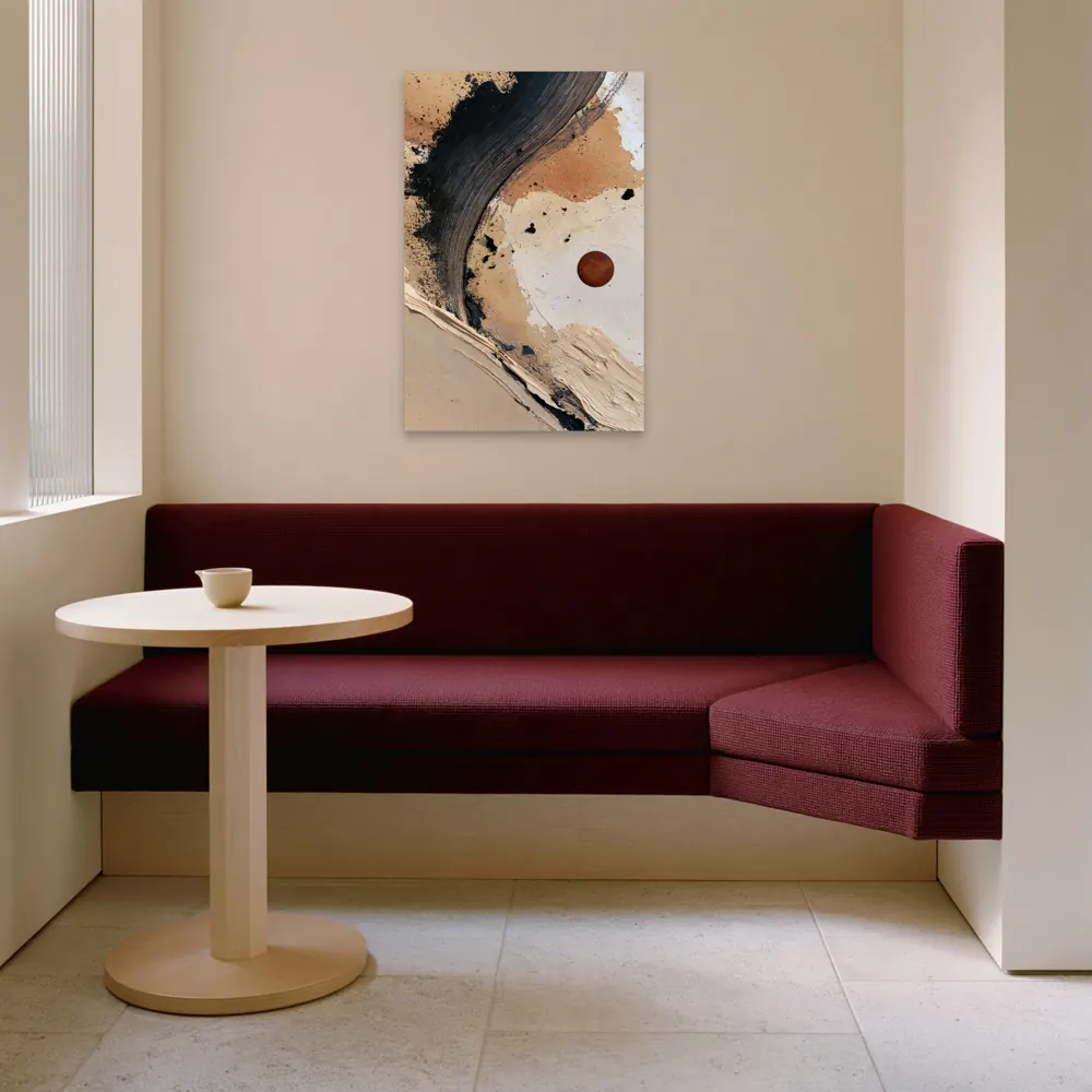 A textured neutral abstract as a stretched canvas in the Mulberry breakfast booth