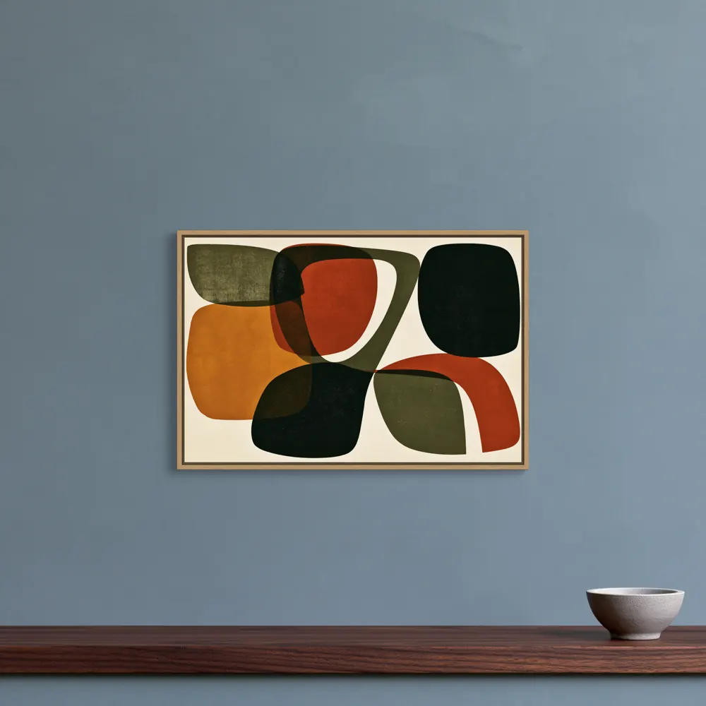 Muted blue wall above a walnut shelf