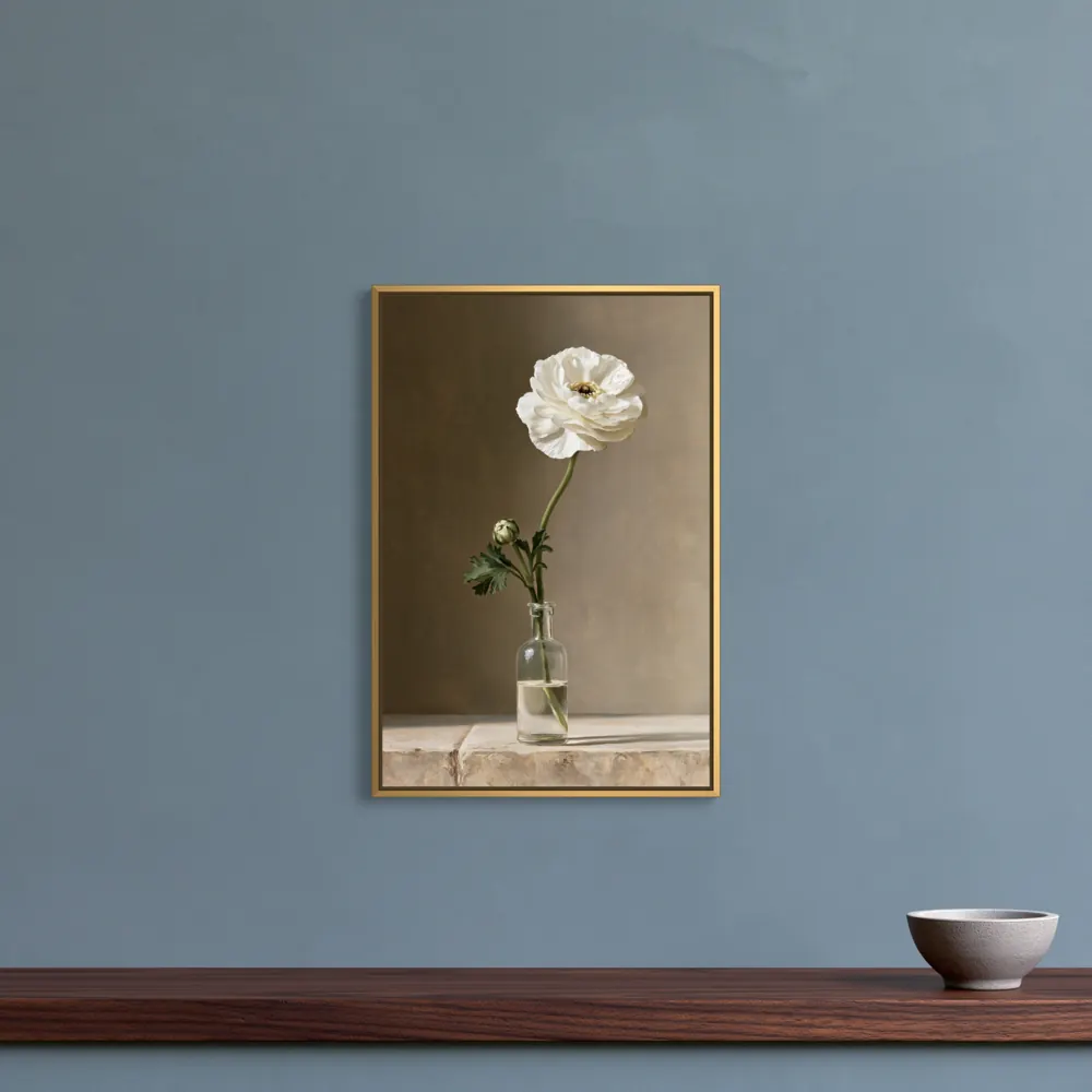 A ranunculus still life as a gold floating-frame canvas in the Muted blue wall above a walnut shelf