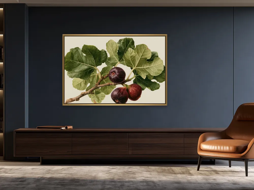 A watercolour fig botanical as a gold floating-frame canvas in the Navy legal office