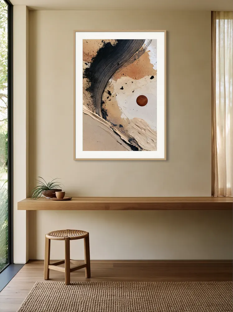 A textured neutral abstract as a natural oak framed print with a white mat in the Oak shelf home office