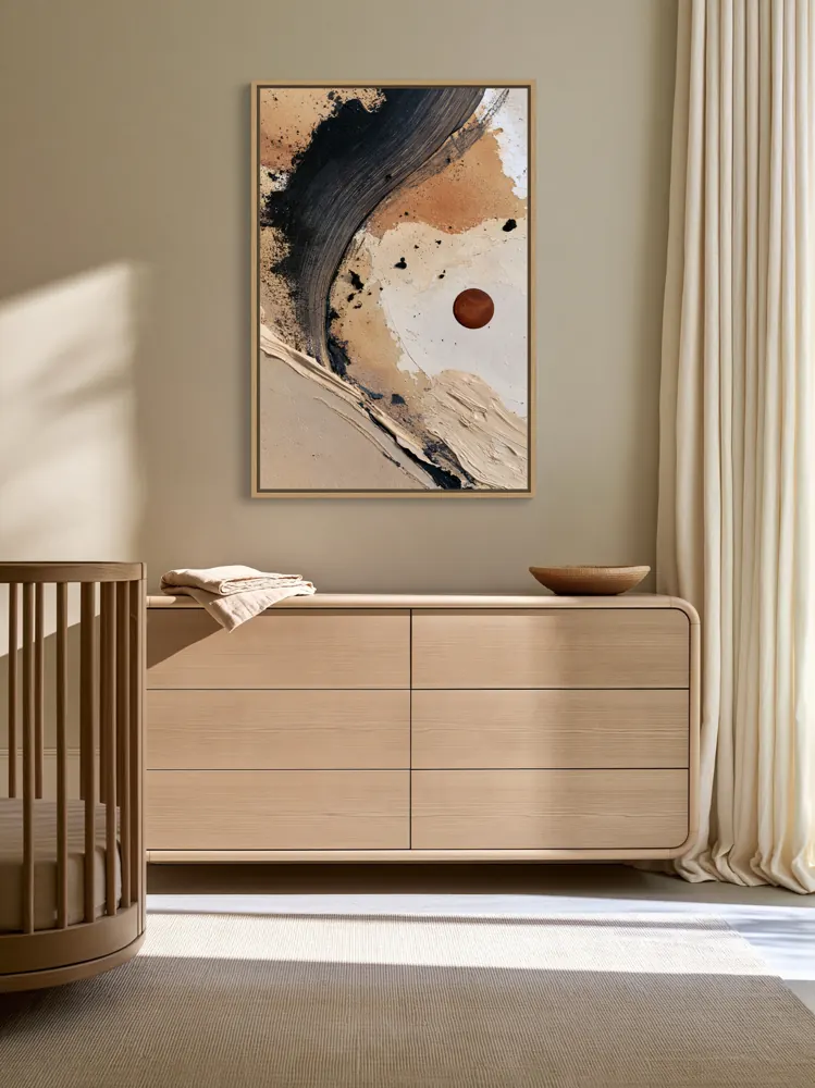 A textured neutral abstract as a natural oak floating-frame canvas in the Oatmeal nursery corner