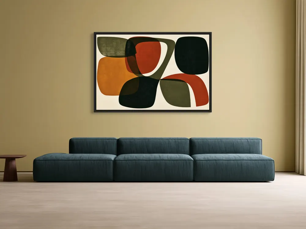 A mid-century abstract as a black floating-frame canvas in the Ochre wall teal sofa