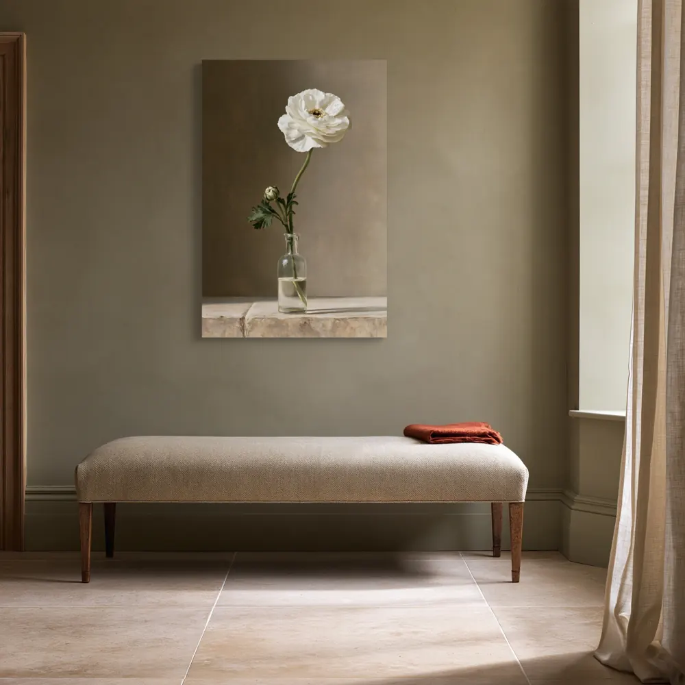 A ranunculus still life as a stretched canvas in the Olive-grey country bench