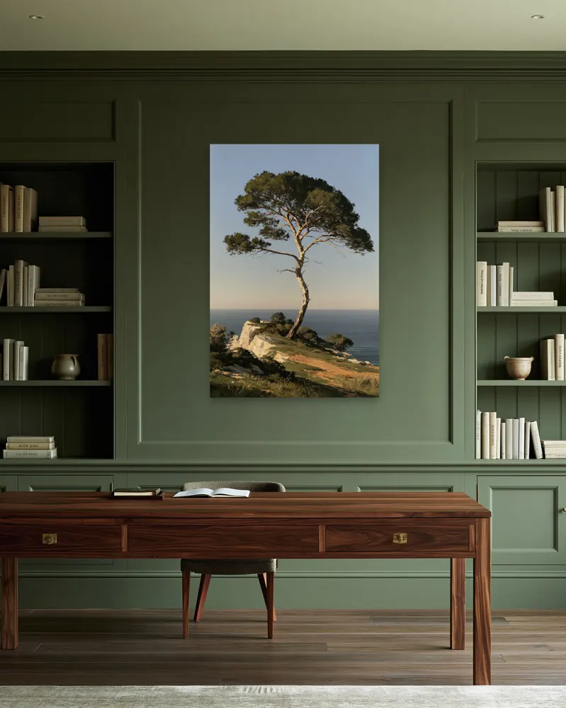 An umbrella pine oil painting as a stretched canvas in the Olive library with writing desk
