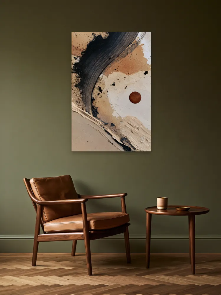 A textured neutral abstract as a stretched canvas in the Olive reading corner, no books