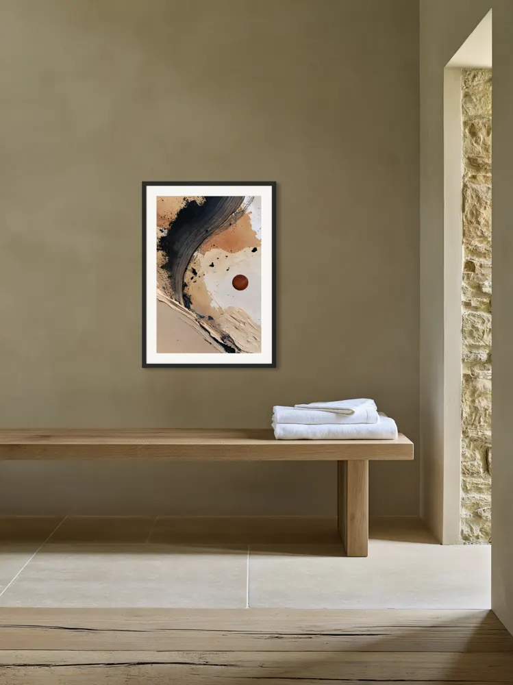 A textured neutral abstract as a black framed print with a white mat in the Olive spa dry-zone bench