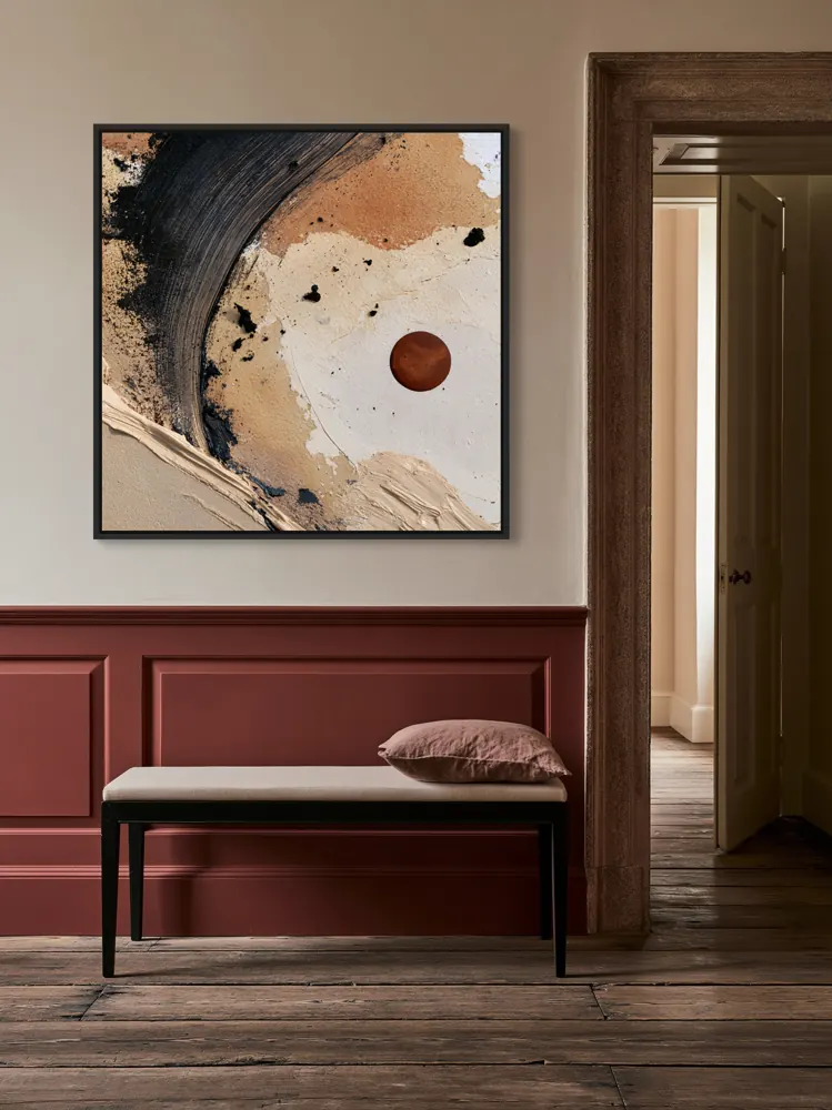 A textured neutral abstract as a black floating-frame canvas in the Oxblood townhouse passage