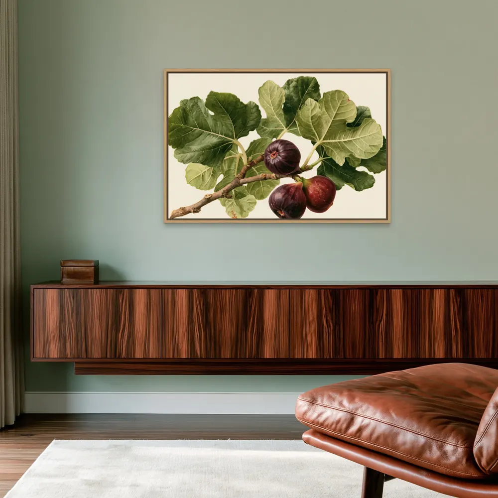 A watercolour fig botanical as a natural oak floating-frame canvas in the Pale-celadon listening lounge