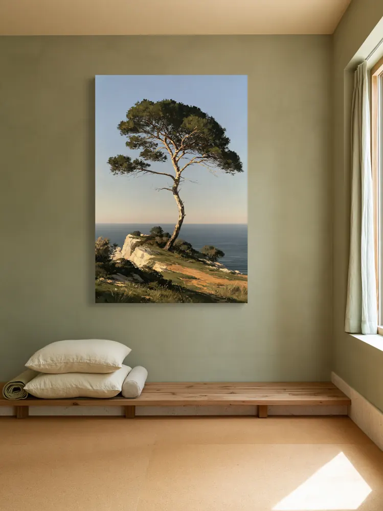 An umbrella pine oil painting as a stretched canvas in the Pale-jade home wellness room