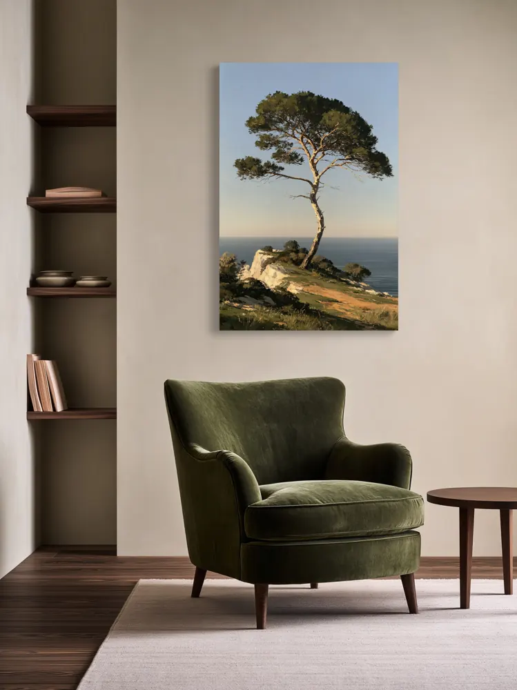 An umbrella pine oil painting as a stretched canvas in the Parchment library reading bay