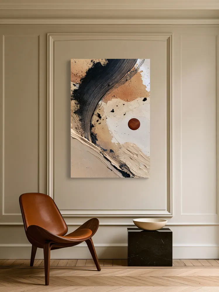 A textured neutral abstract as a stretched canvas in the Parisian salon panel with sculptural lounge chair