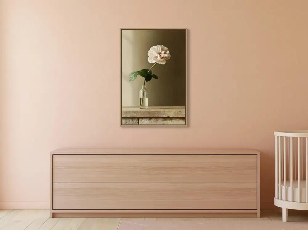 A garden rose still life as a natural oak floating-frame canvas in the Peach nursery