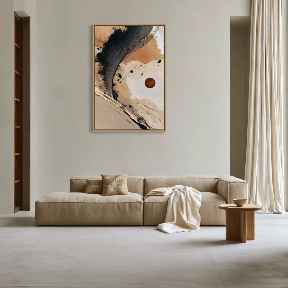 A textured neutral abstract as a natural oak floating-frame canvas in the Pearl-grey residential salon