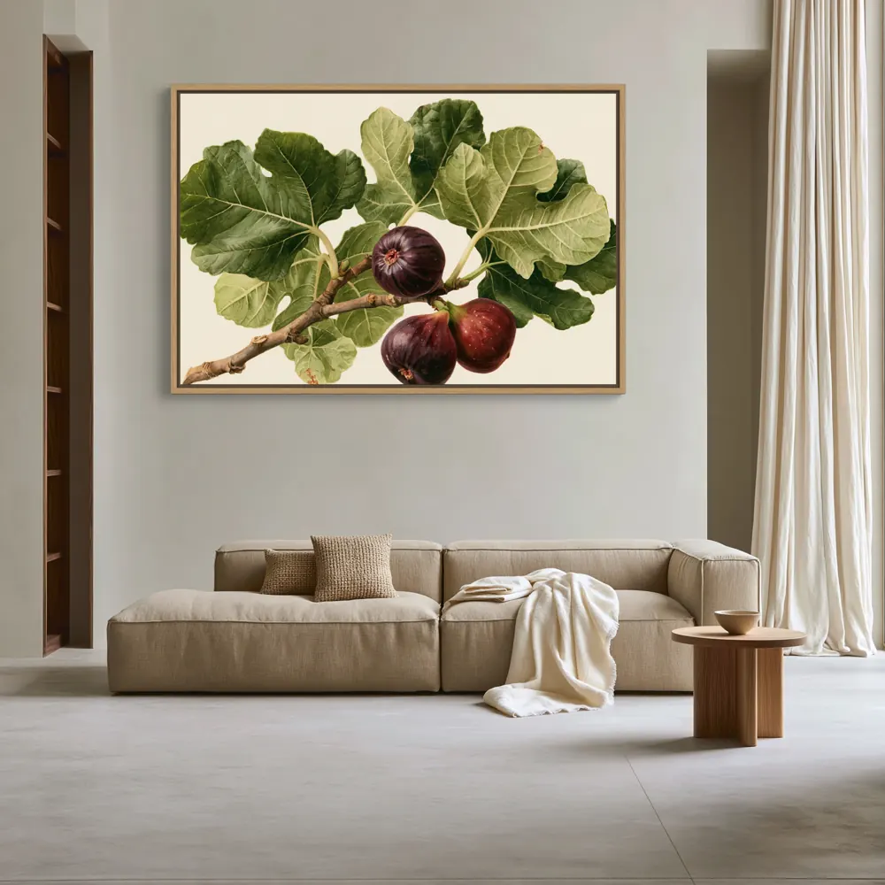 A watercolour fig botanical as a natural oak floating-frame canvas in the Pearl-grey residential salon
