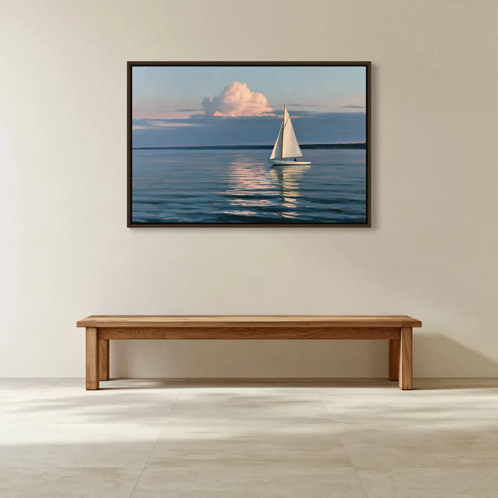 A sailboat-at-dusk oil painting as a espresso floating-frame canvas in the Private gallery oak bench