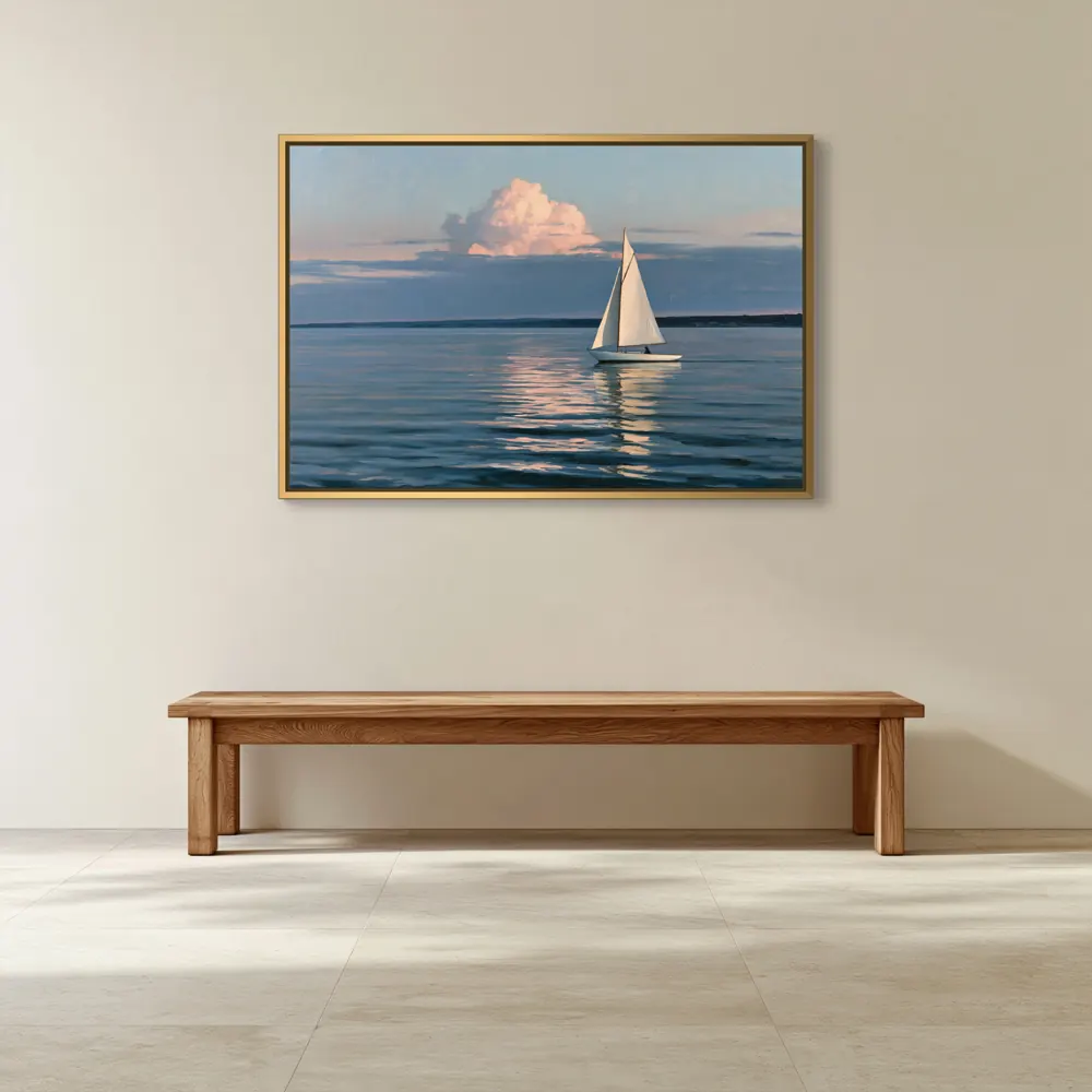 A sailboat-at-dusk oil painting as a gold floating-frame canvas in the Private gallery oak bench