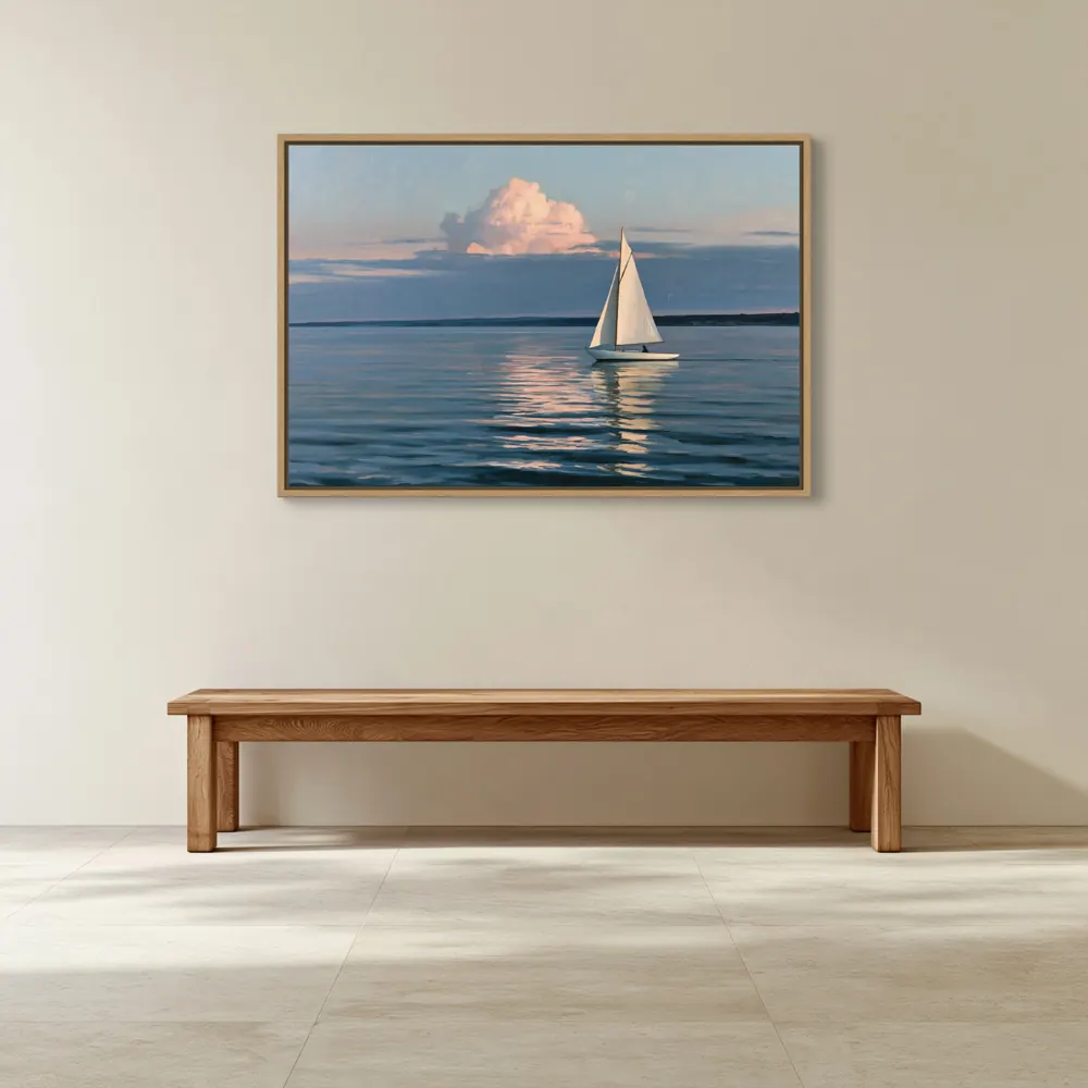 A sailboat-at-dusk oil painting as a natural oak floating-frame canvas in the Private gallery oak bench