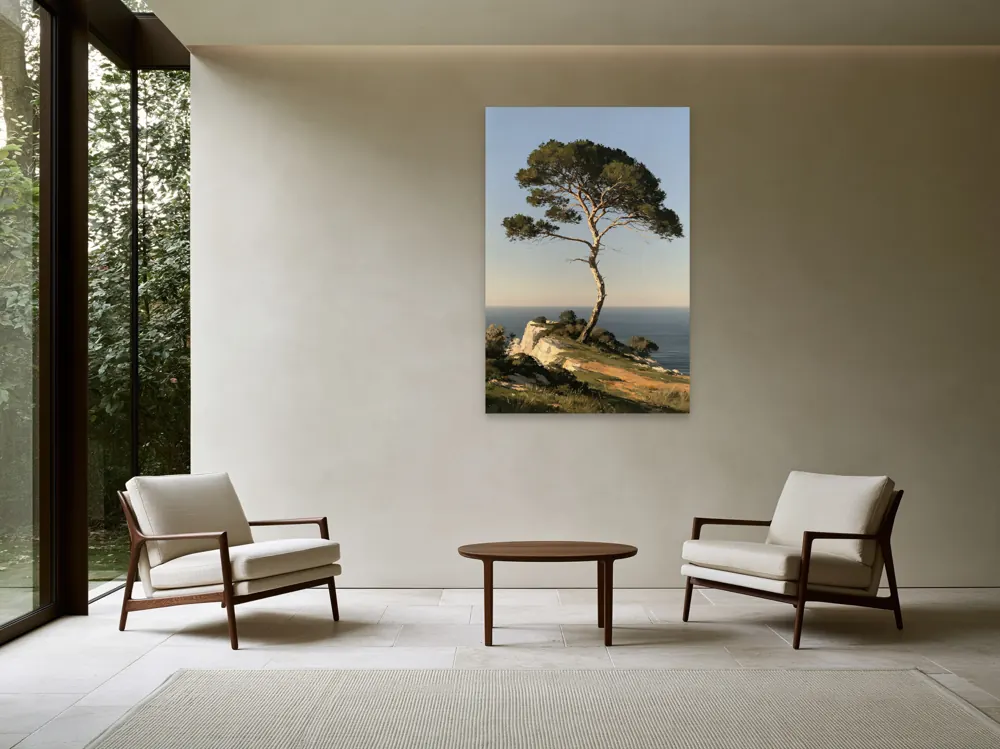 An umbrella pine oil painting as a stretched canvas in the Private orangerie art salon