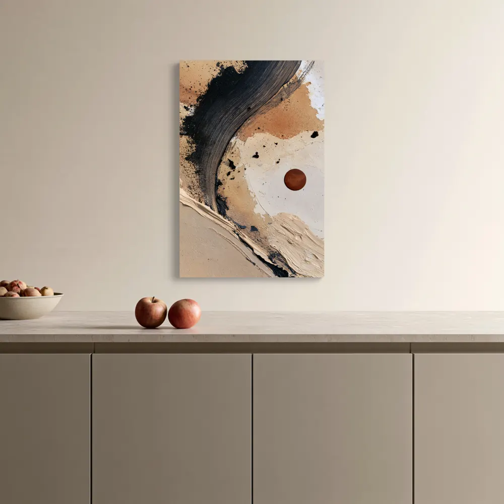 A textured neutral abstract as a stretched canvas in the Quiet kitchen wall