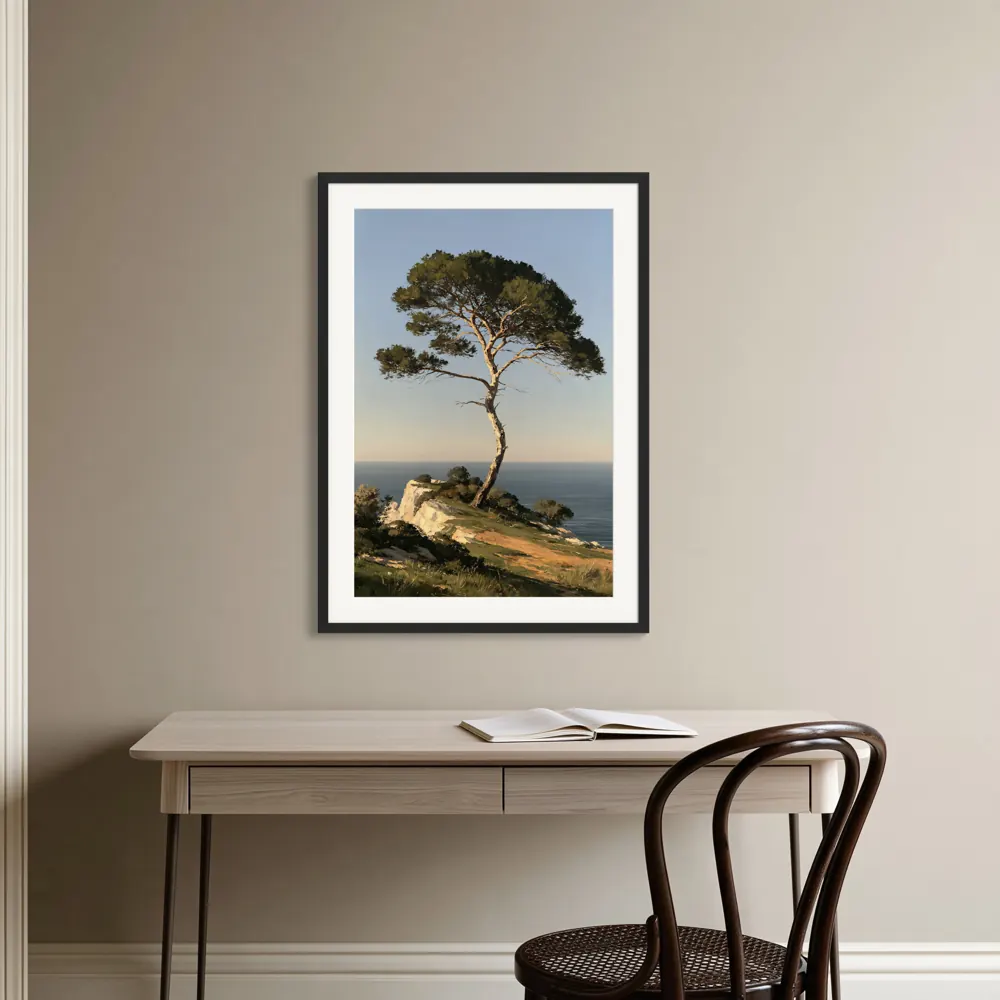 An umbrella pine oil painting as a black framed print with a white mat in the Quiet square study