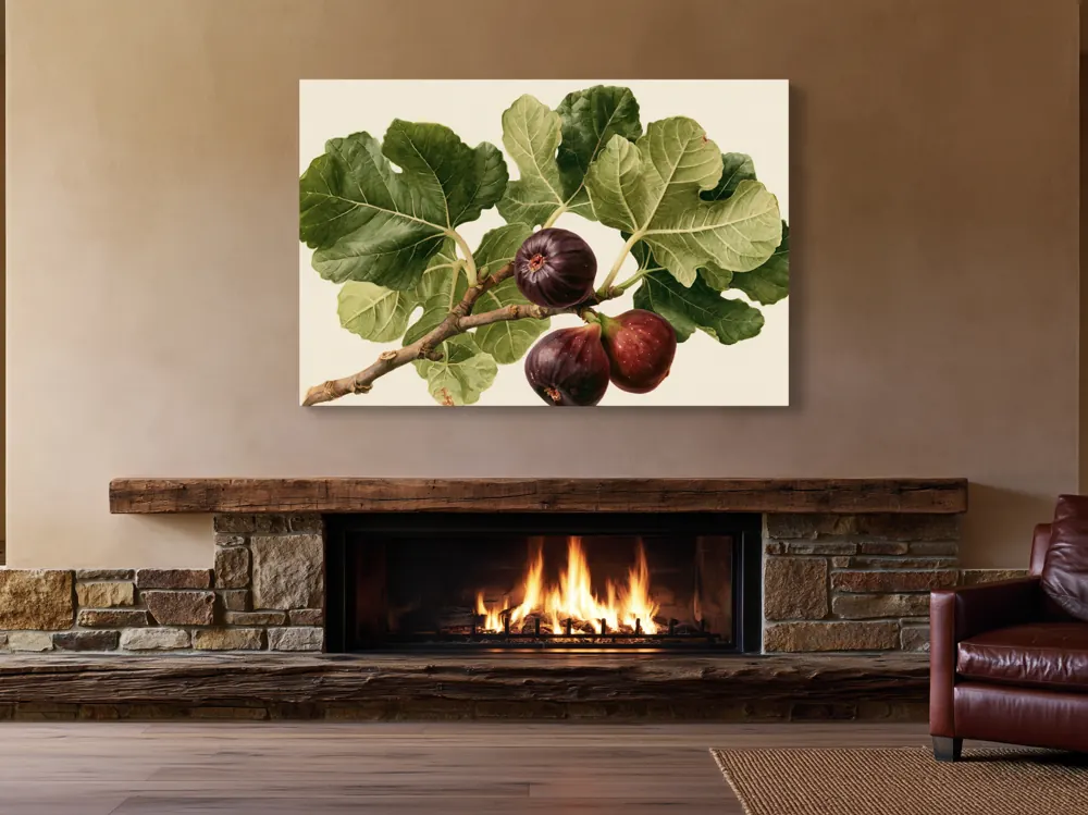 A watercolour fig botanical as a stretched canvas in the Ranch fireplace