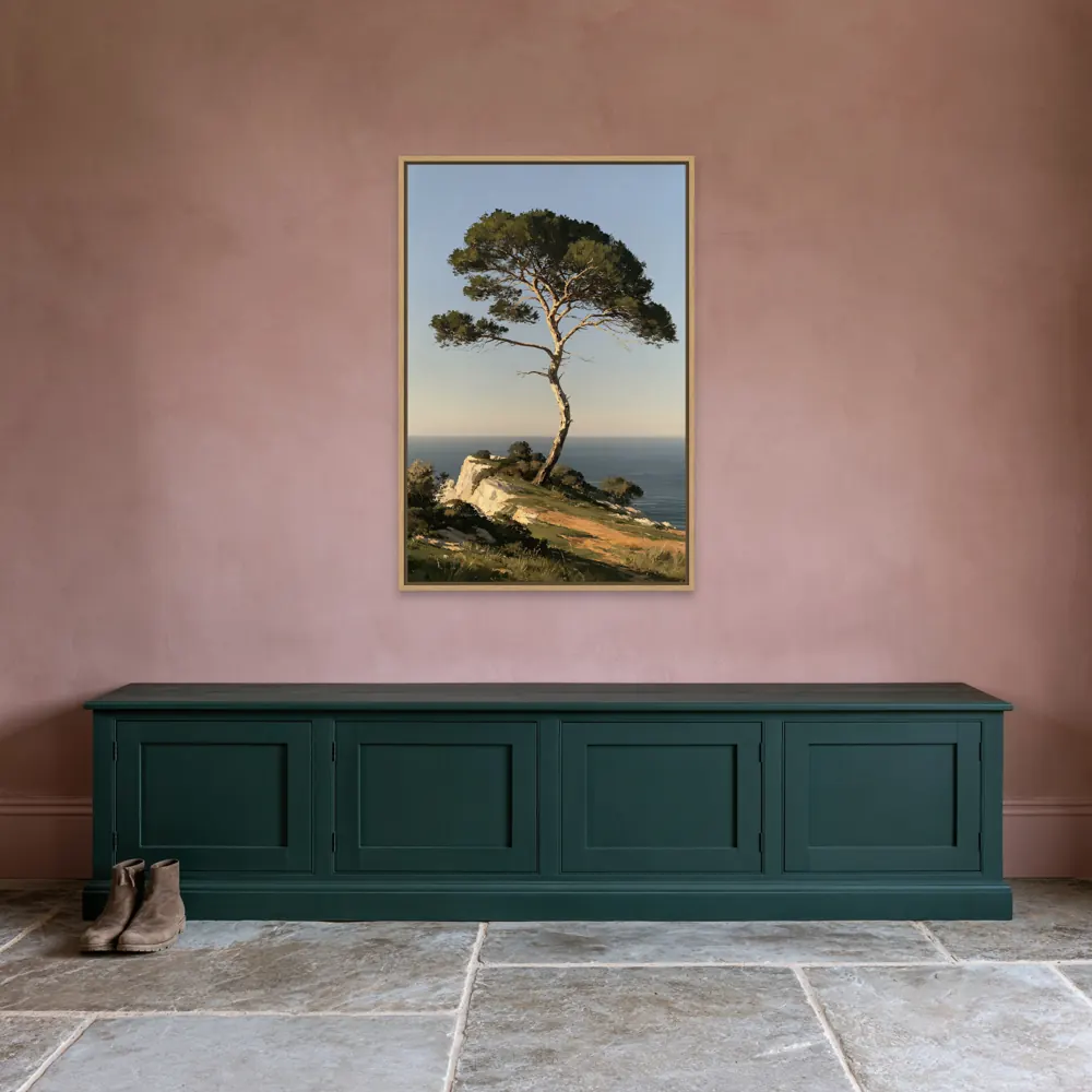 An umbrella pine oil painting as a natural oak floating-frame canvas in the Rose and green boot room
