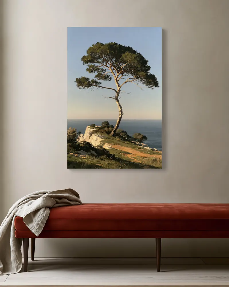 An umbrella pine oil painting as a stretched canvas in the Rust velvet sofa wall