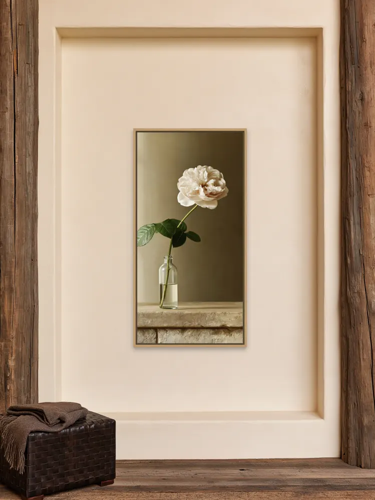 A garden rose still life as a natural oak floating-frame canvas in the Rustic cabin plaster niche