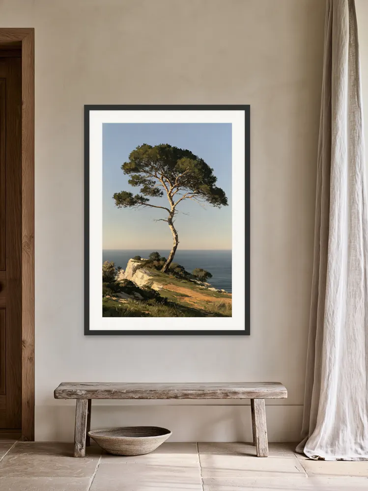 An umbrella pine oil painting as a black framed print with a white mat in the Rustic farmhouse entry