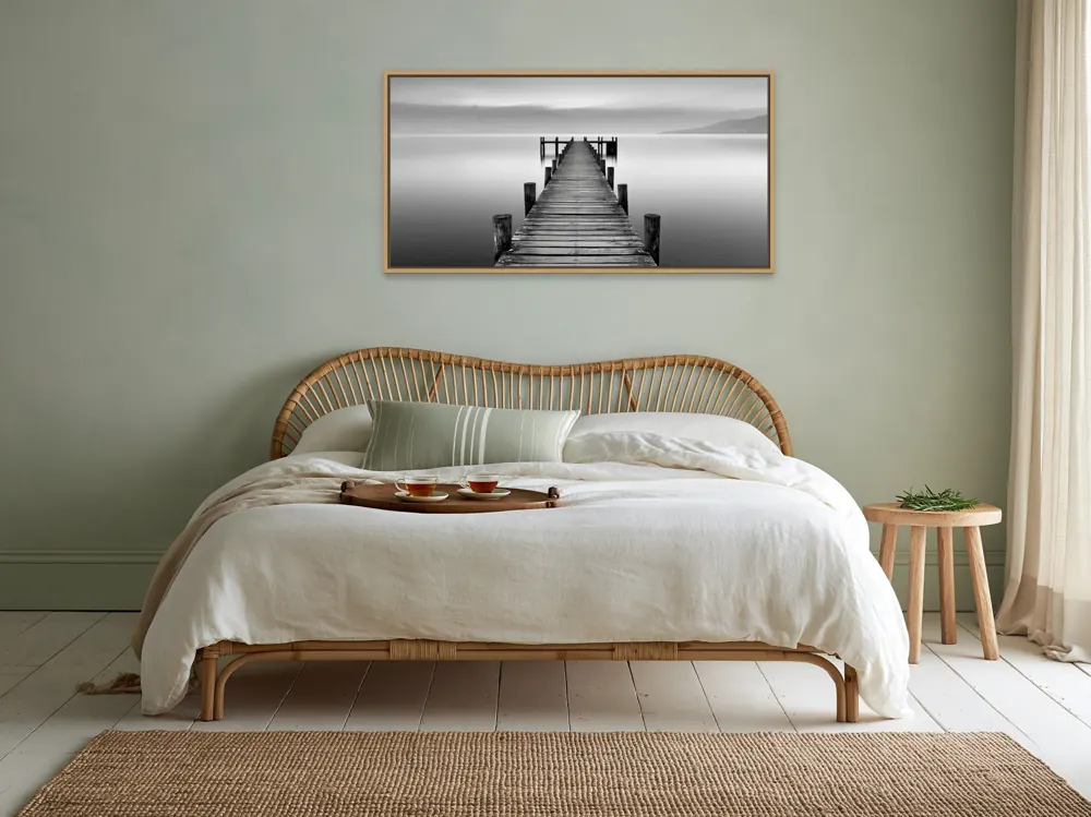 Sage-grey rattan bedroom