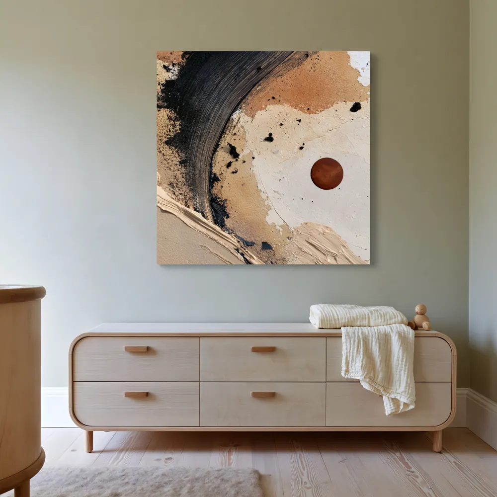 A textured neutral abstract as a stretched canvas in the Sage nursery chest wall