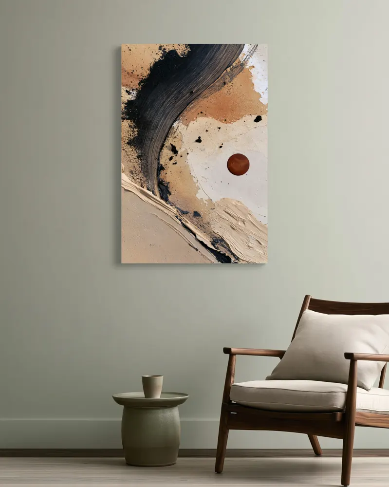 A textured neutral abstract as a stretched canvas in the Sage reading nook