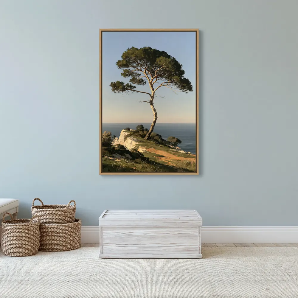 An umbrella pine oil painting as a natural oak floating-frame canvas in the Sea-glass children chest wall