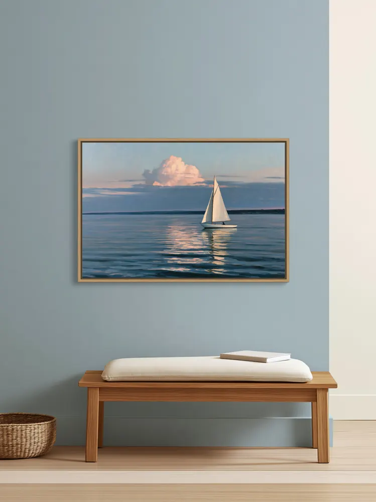 A sailboat-at-dusk oil painting as a natural oak floating-frame canvas in the Soft blue reading bench