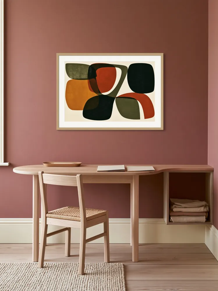 A mid-century abstract as a natural oak framed print with a white mat in the Terracotta children's study