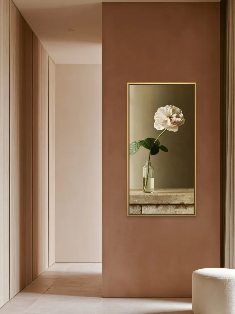 A garden rose still life as a gold floating-frame canvas in the Terracotta tall entry wall