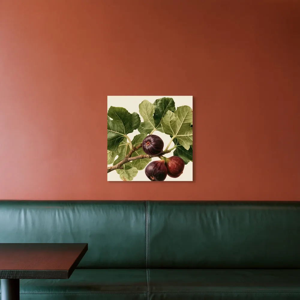 A watercolour fig botanical as a stretched canvas in the Terracotta teal banquette