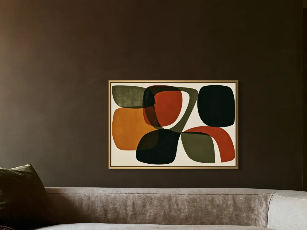 A mid-century abstract as a gold floating-frame canvas in the Tobacco wall above a linen sofa