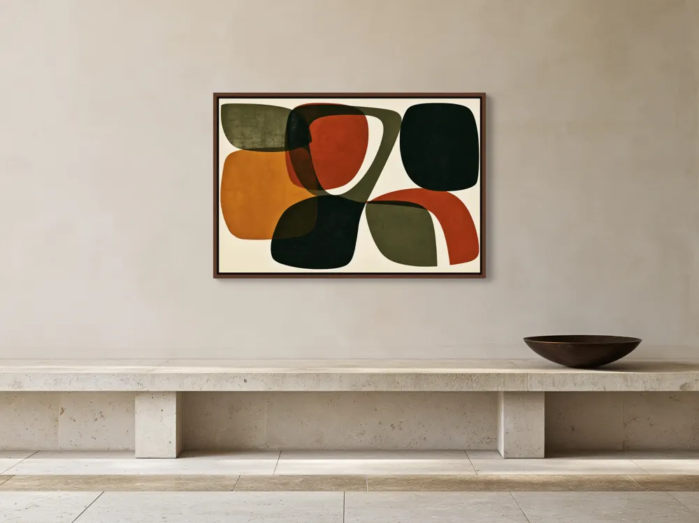 A mid-century abstract as a walnut floating-frame canvas in the Travertine console gallery