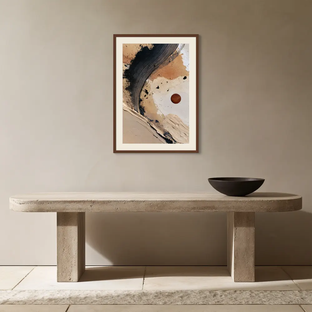 A textured neutral abstract as a walnut framed print with a warm-white mat in the Travertine entry console