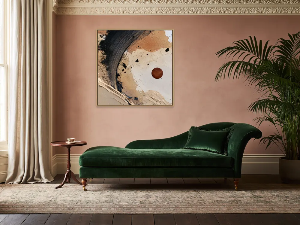 A textured neutral abstract as a natural oak floating-frame canvas in the Victorian bay-window parlour