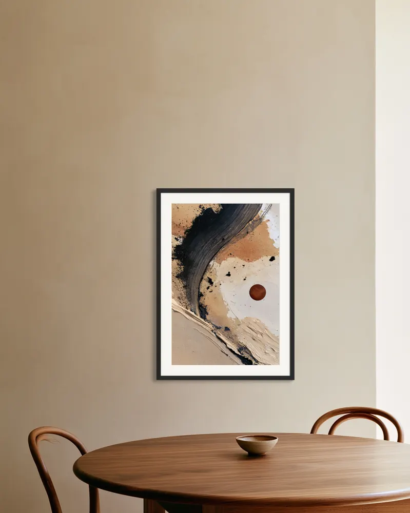 A textured neutral abstract as a black framed print with a white mat in the Walnut breakfast nook