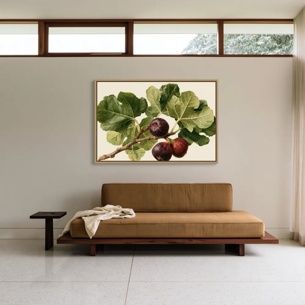 A watercolour fig botanical as a natural oak floating-frame canvas in the Walnut clerestory living room