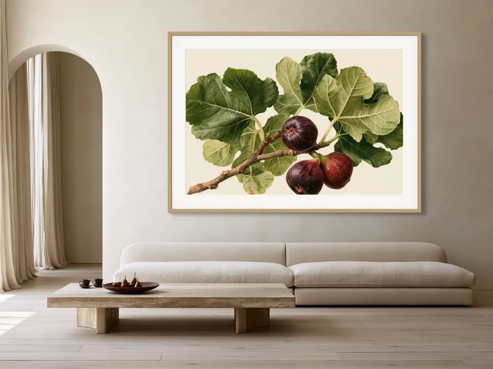 A watercolour fig botanical as a natural oak framed print with a white mat in the Warm arch linen living