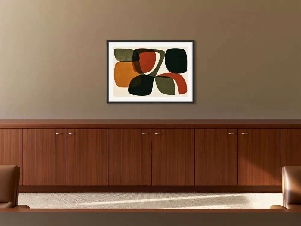 A mid-century abstract as a black framed print with a white mat in the Warm taupe boardroom